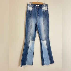 Madden NYC Womens Jeans Size 9 Blue Flare Leg Patchwork Frayed High Rise Denim